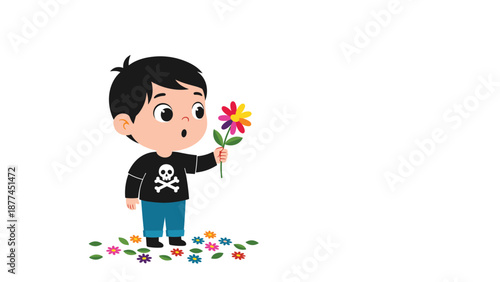 Cute little boy in a skull t-shirt looking surprised while holding a colorful rainbow flower with many fallen petals around his feet.