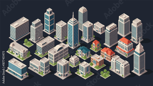 Comprehensive set of isometric city buildings including skyscrapers, offices, residential houses, and small shops on a dark blue background.