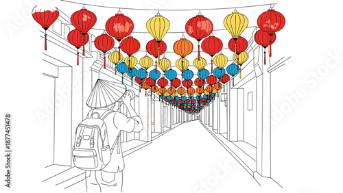 Hand drawn street scene with vibrant lanterns in traditional asian setting