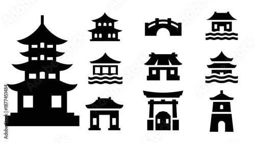 Silhouette of traditional japanese architecture elements in black and white