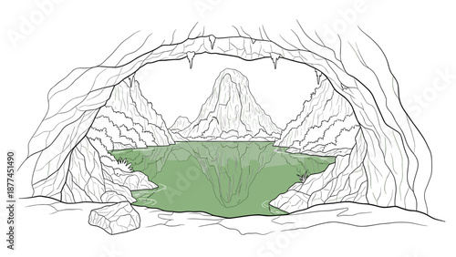 Serene mountain lake scene viewed from inside a dramatic cave