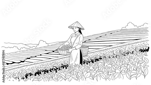 Woman harvesting tea leaves in traditional asian farm landscape