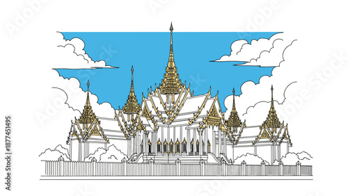 Ornate thai temple with blue sky backdrop featuring gold accents and cloud details