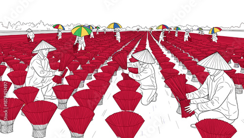 Traditional craft of incense making: detailed scene with workers and umbrellas
