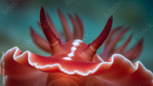 Close-up of a vibrant red sea slug with white spots