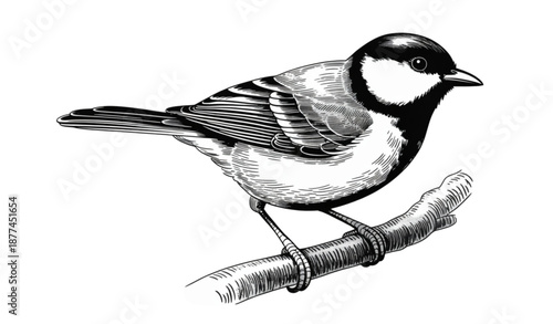 Great Tit Bird Vintage Line Art Illustration Perched on Tree Branch