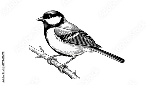 Hand Drawn Great Tit Bird Illustration in Classic Engraving Style