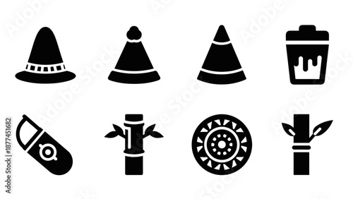 Black set of traditional mexican hats, cups, and decorative icons