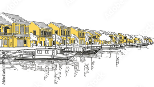 Charming riverside scene with yellow traditional houses and boats in a linear style