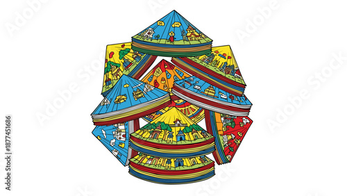 Colorful geometric structure with cityscape patterns and dynamic architecture