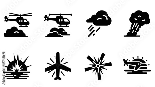 Silhouette set of helicopter, plane, explosion, and weather icons in bold style