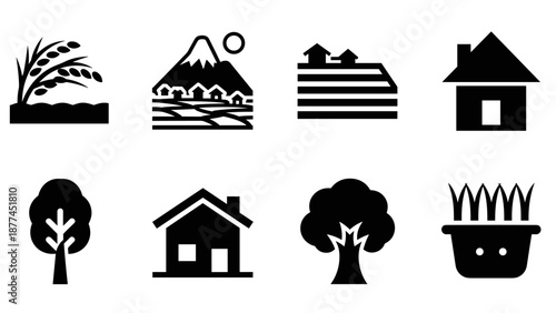Black silhouette icons of nature and buildings