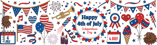 Independence day patriotic decoration mega set with bunting flags fireworks balloons eagle and american theme icons