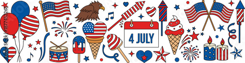 Fourth july patriotic doodle banner with american flags fireworks stars hearts ice cream festive celebration
