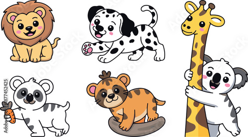 Cartoon Animals Collection Featuring Lion Dog Giraffe Panda Bear Koala