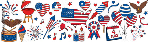 American independence day patriotic symbol collection with flags eagle fireworks hearts and celebration elements