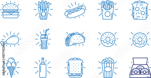 Fast food items icons for menu or junk food consumption graphics
