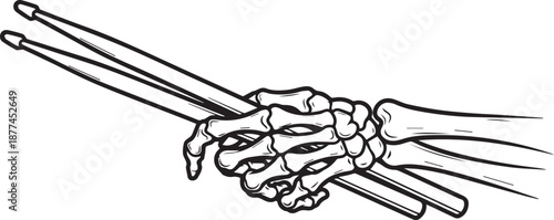 Edgy skeleton hand gripping two drumsticks illustration, symbolizing eternal rock music passion and dead serious rhythm performance in a band.