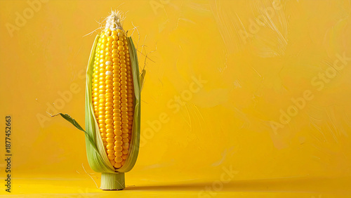 Fresh, pesticide-free sweet corn on the cob, with green leaves, placed against a yellow background, illustrates the nutritional value of raw sweet corn and ripe agricultural crops.