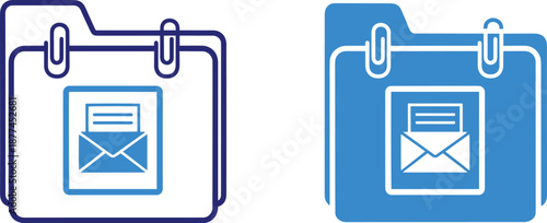 Two icons of a document folder secured with paper clips and an email inside