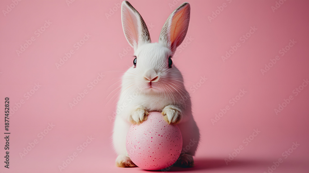 Obraz premium Cute bunny sitting on pink egg during spring