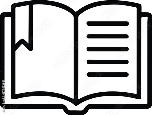Trendy minimalist outline icon representing an open textbook or novel with a page marker, symbolizing academic study, reading, and digital knowledge acquisition.