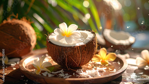 A delicious fresh coconut cocktail served in a coconut shell, garnished with flowers.
