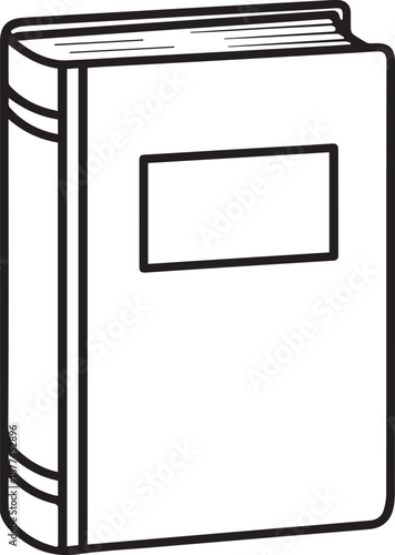 Minimalist black and white line art illustration of a standing closed hardcover book, symbolizing education, knowledge, learning, and academic literature concepts.
