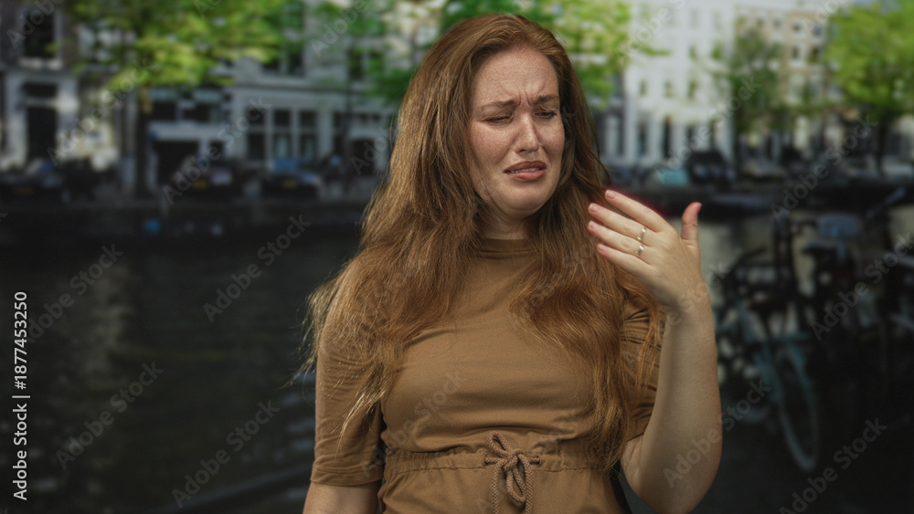 Fototapeta premium Woman pinched nose on street canal beside waterway and leaning against building facade; disgust avoidance.