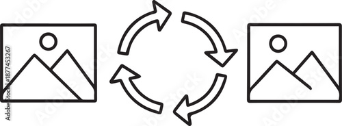 Outline icon illustrating digital image file conversion and rotation process with circular arrows, representing photo exchange, graphic synchronization, or data update.