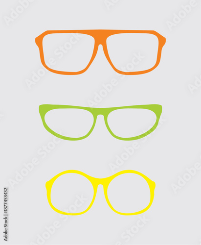 Colorful vector glasses set with orange red, green, yellow holder retro hipster object isolated on grey background. Sign of intelligence, professor, secretary, school teacher