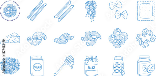 Kitchen ingredients and pasta types outline vector icon collection