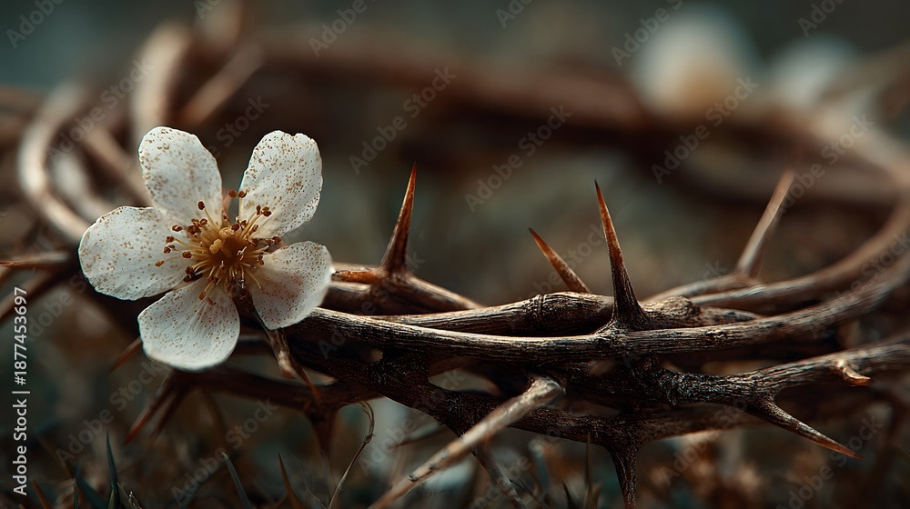 Fototapeta premium Conceptual image of a crown of thorns woven into a circle featuring a single white flower against a blurred rustic meadow background.