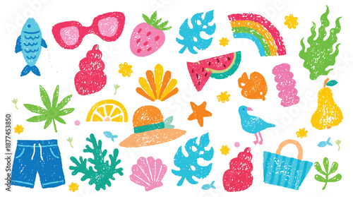 Beach Summer Icons and Sea Vector Elements Set, Cute Vacation Crayon Illustration, Summer Sticker Collection with Pastel Chalk Doodle Fruit, Sun, Watermelon, Pinwheel, Flower and Shells