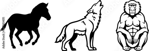Diverse Animal Vector Icons Set Wolf Horse Baboon Graphics
