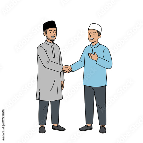 Two Muslim Men Handshaking and Greeting Each Other for Eid Al-Fitr Celebration and Ramadan