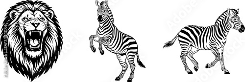 Roaring Lion Head and Zebra Wildlife Engraving Vector Set