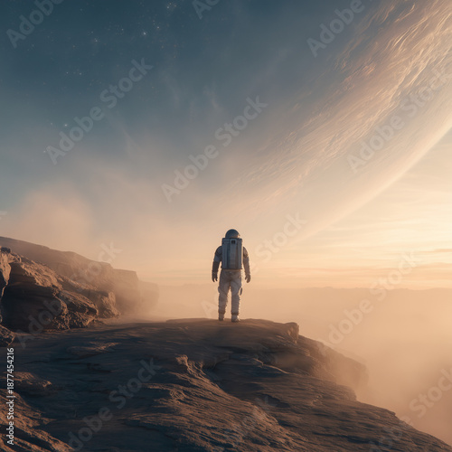 Astronaut Silhouette in Alien Dust Storm on Rocky Cliff Under Massive Planet