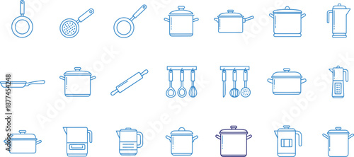 Collection of kitchen utensil icons including pots pans and kettles