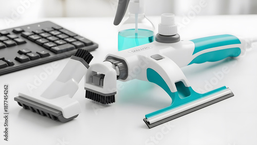 White and blue cleaning tool with brush and squeegee attachments on a white desk with a