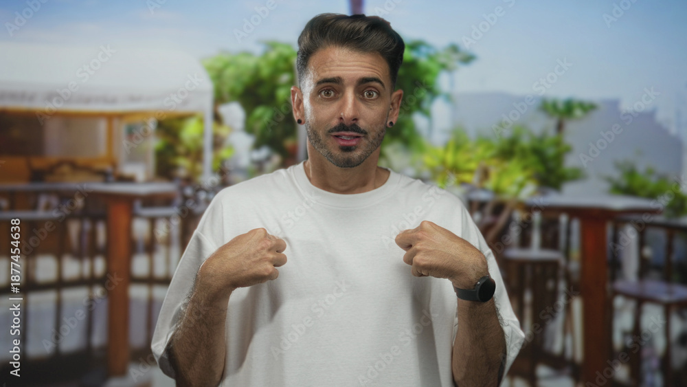 Fototapeta premium Man in white t shirt points hands to chest and raises eyebrows on a sunny terrace by wooden railing; surprise.