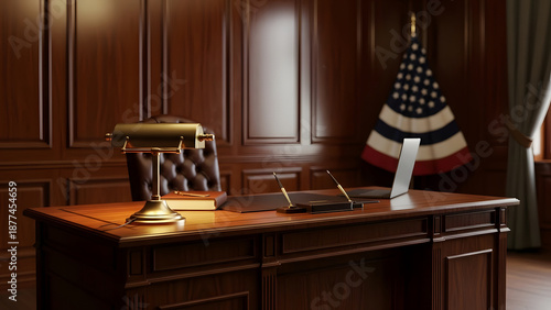 Wooden desk with vintage lamp books and American flag in an office setting