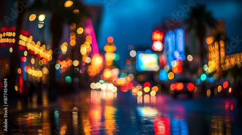Las vegas city street lights with colorful bokeh defocused background