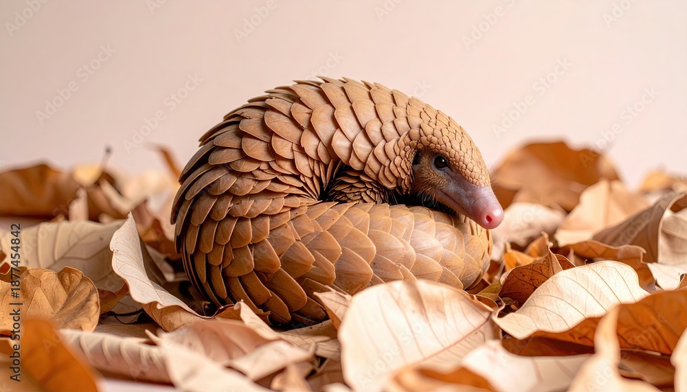 Obraz premium Pangolin Curled in Dry Leaves with Pastel Background
