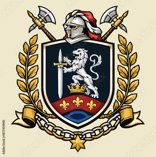 061-14-Heraldic shield with a lion, crown, sword, helmet, axes, and laurel wreath