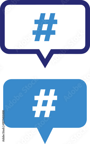 Hashtag symbol within speech bubble icons for social media tagging