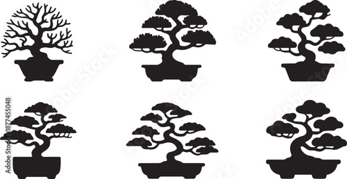Collection of Bonsai Tree Silhouettes in Black and White