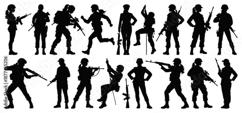 Female Military Soldier Silhouettes Set with Combat Actions and Weapons on Transparent Background