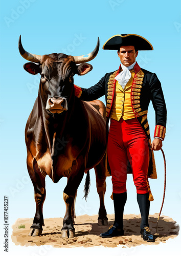 061-19-Matador with a bull, representing spanish culture, bravery, and tradition