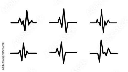 Collection Of Minimalist Black Linear Heartbeat Pulse Waveforms Representing Medical Cardiology Signals And Vital Signs